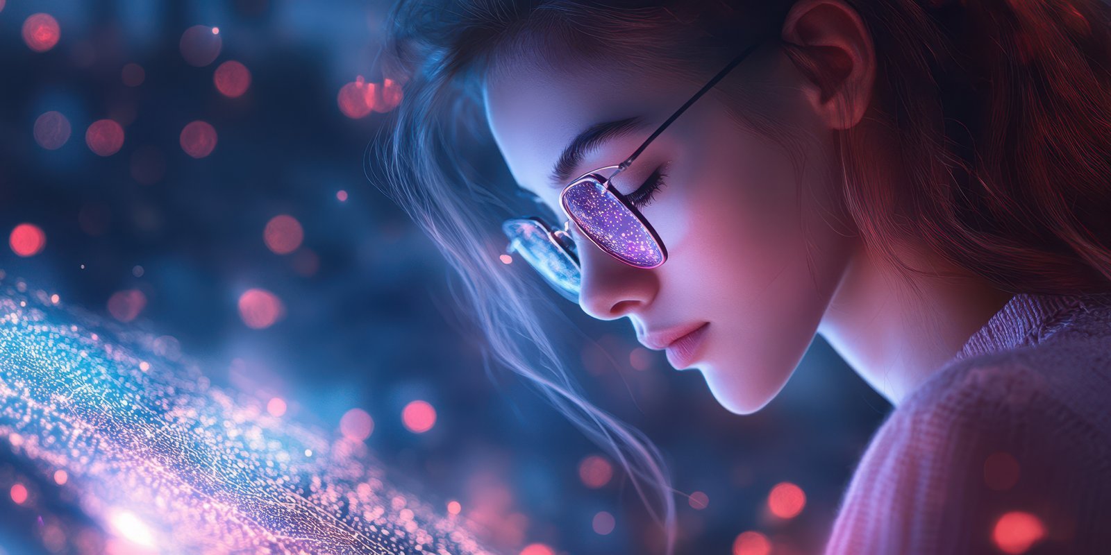 Young woman wearing glasses focused on digital display surrounded by glowing particles in evening light